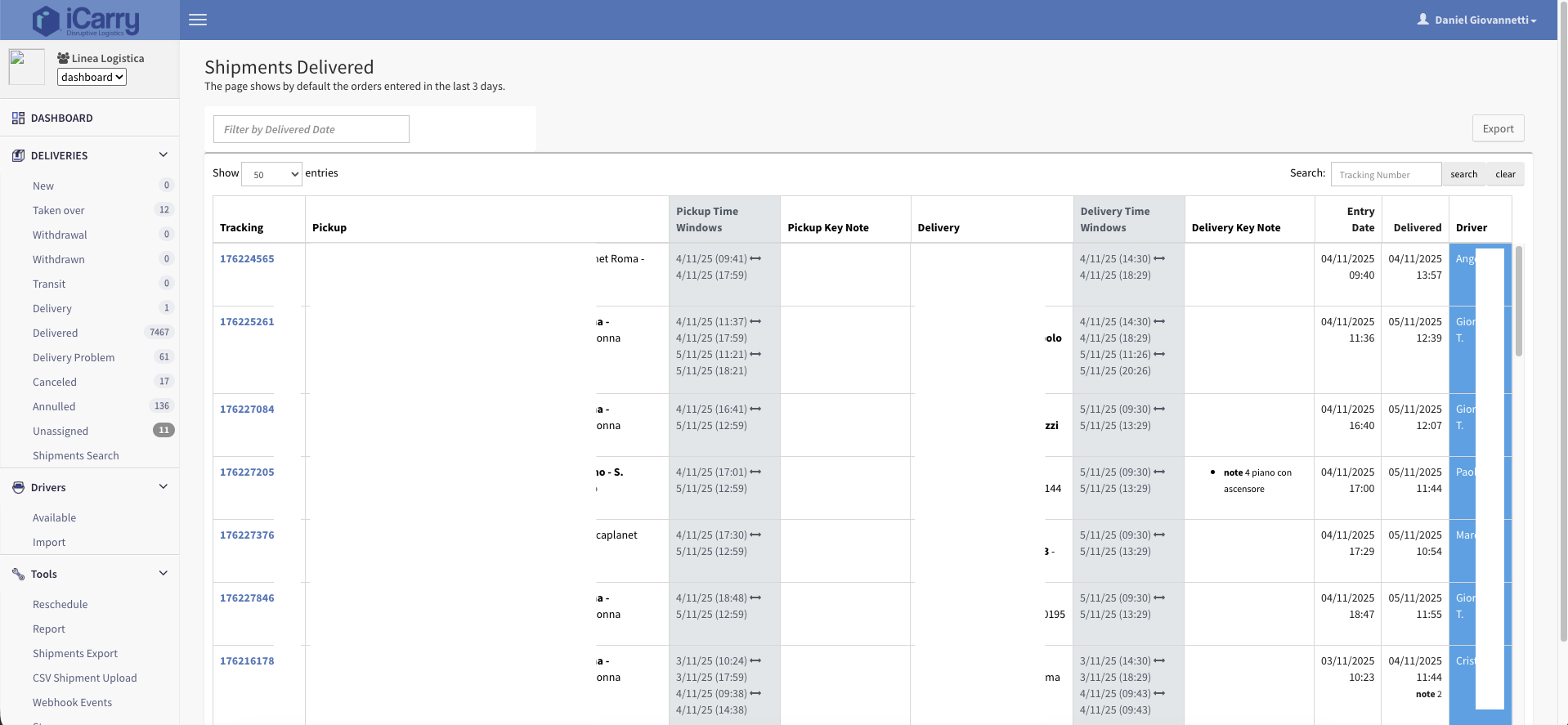iCarryUP Dashboard - Shipments